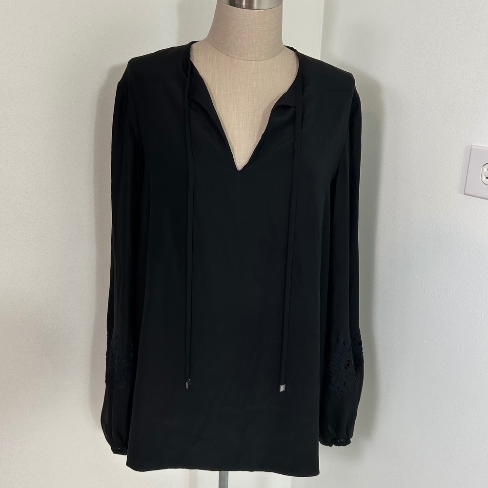 Lafayette 148 New York Black‎ 100% Silk Blouse Tunic Long Sleeve Eyelet Medium